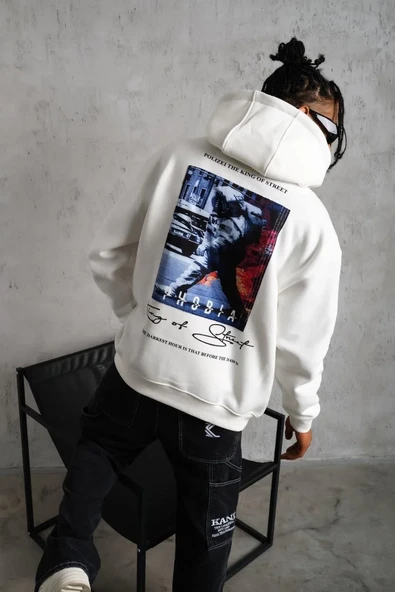 Erkek Astronot Baskılı Kapüşonlu Sweat - Beyaz - Resim 2