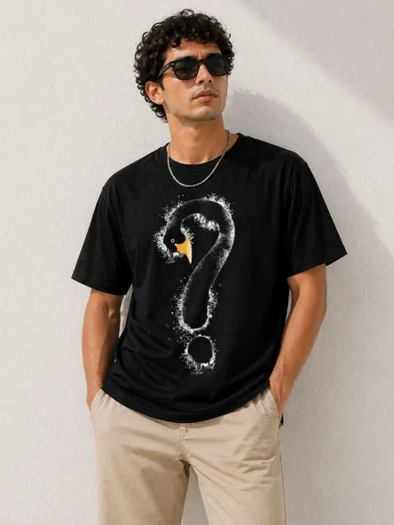 Erkek Kuğu Figürlü Soru İşareti Baskılı Tişört Kısa Kol T-shirt - Siyah ürün görseli 1