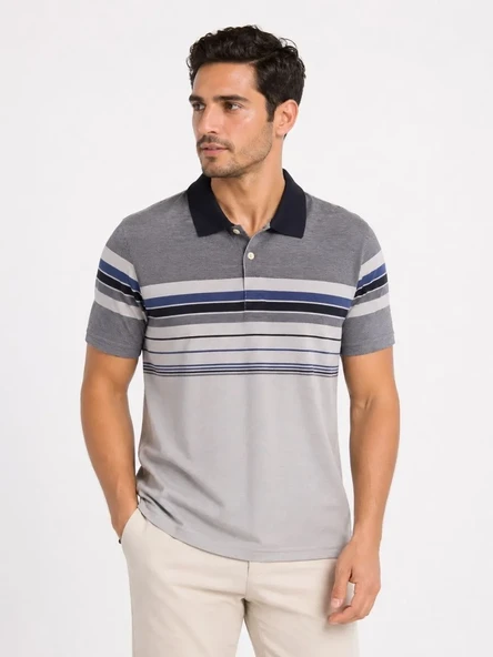 Erkek Flamlı Penye Çizgili Polo Yaka Tişört Kısa Kol Yazlık T-shirt - Gri ürün görseli 1
