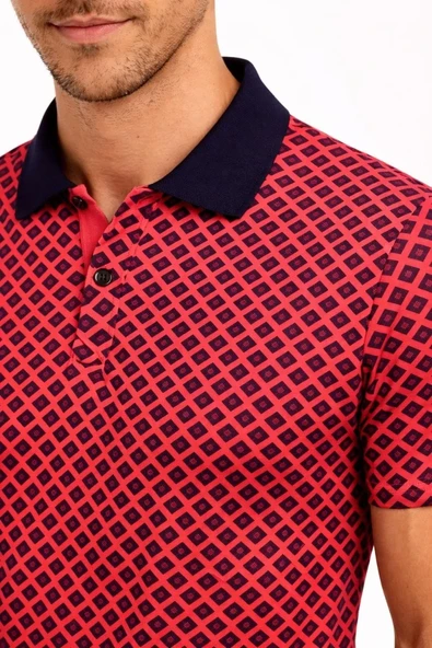 Erkek Pike Kumaş Polo Yaka Desenli Tişört Kısa Kol Yazlık T-shirt - Kırmızı ürün görseli 1