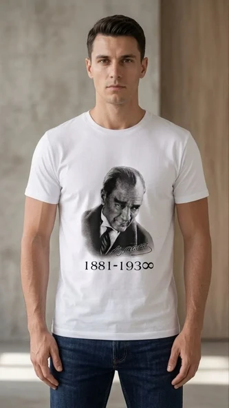 Erkek Atatürk Baskılı Tişört Kısa Kollu Bisiklet Yaka T-shirt - Beyaz ürün görseli 1