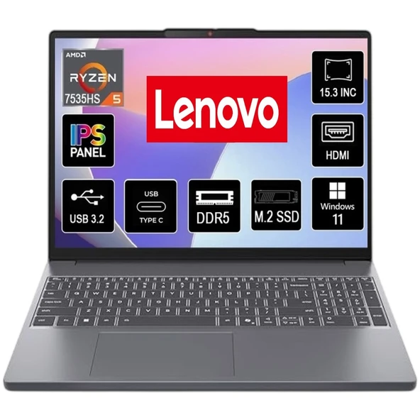 Ideapad Slim 3 15ARP10 Amd Ryzen 5 7535HS 24GB Ddr5 Ram 256GB SSD 15.3" Wuxga IPS 1920X1200 60Hz Windows 11 Taşınabilir Bilgisayar ürün görseli 1