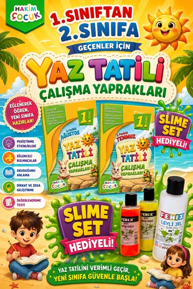 Hakim Çocuk 1. Sınıftan 2.Sınıfa Geçenler İçin Yaz Tatili Çalışma Yaprakları (Slime Set Hediyeli) ürün görseli 1