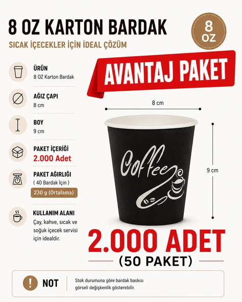 8 oz 2.000 Adet AVANTAJ PAKET Karton Bardak - Kullan At Çay Ve Kahve Bardağı ürün görseli 1