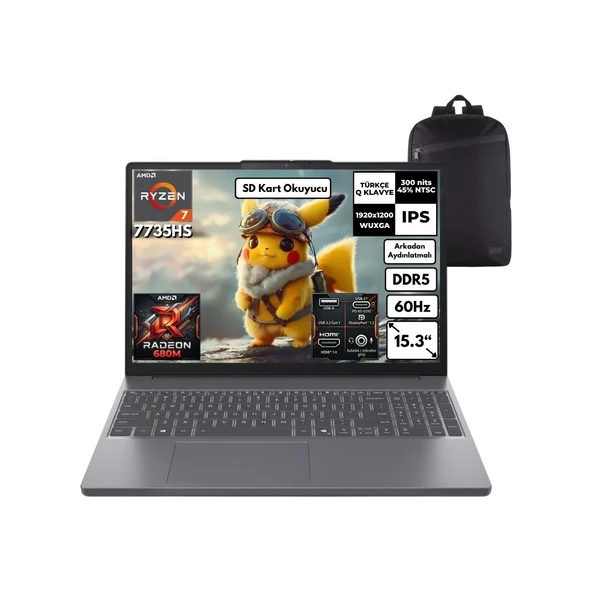 Ideapad Slim 3 Amd Ryzen 7 7735HS 24GB Ram 256GB SSD Windows 11 Pro 15.3" Wuxga IPS 1920X1200 60Hz Taşınabilir Bilgisayar + Cimete Çanta ürün görseli 1