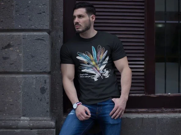 Unisex Bisiklet Yaka Baskılı Oversize T-shirt - Siyah ürün görseli 1