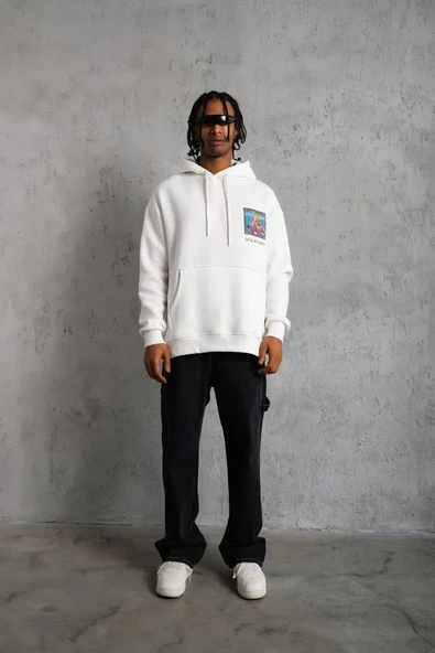Erkek Patel Six Baskılı Kapüşonlu Sweat - Beyaz - Resim 4