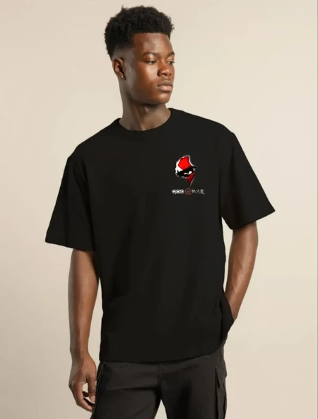 Unisex Bisiklet Yaka Baskılı Oversize T-shirt - Siyah ürün görseli 1