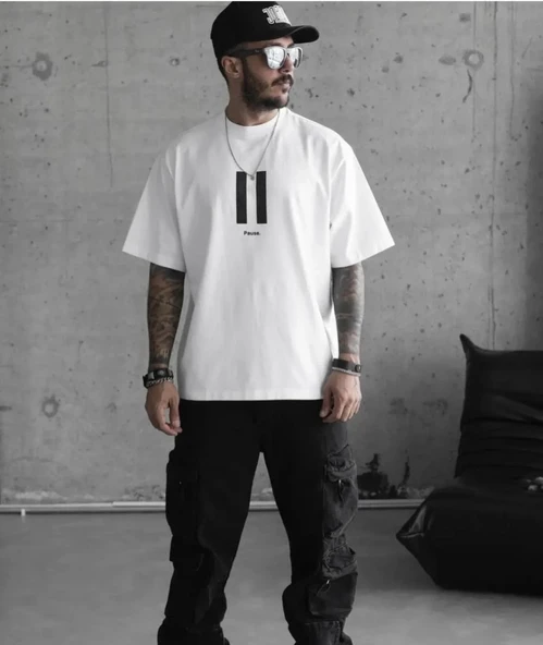 Unisex Bisiklet Yaka Baskılı Oversize T-shirt - Beyaz ürün görseli 1