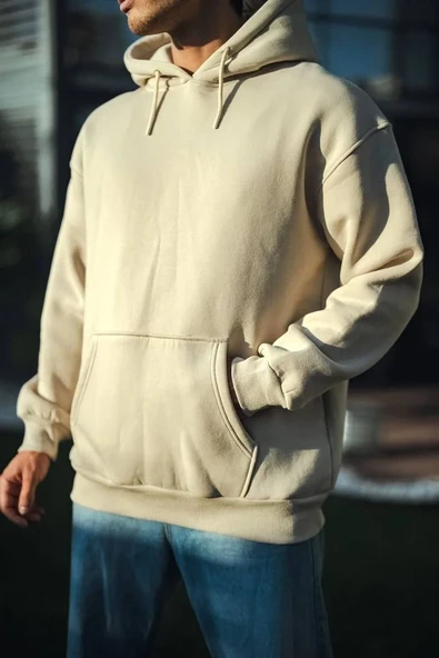 Üç İplik Penye Kapşonlu Basic Sweatshirt - Bej - Resim 2