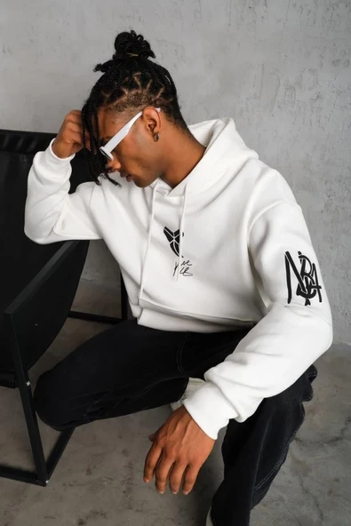 Erkek Baskılı Kapüşonlu Sweat - Beyaz - Resim 2
