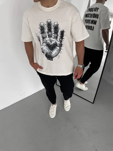 Unisex Bisiklet Yaka Baskılı Oversize T-shirt - Beyaz ürün görseli 1