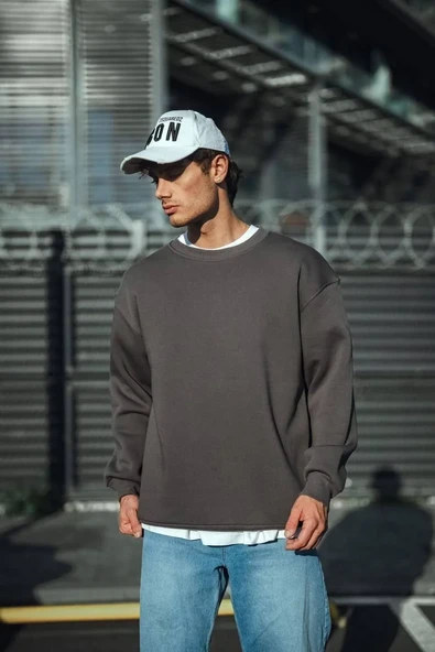 Kışlık Bisiklet Yaka Üç İplik Basic Sweatshirt - Antrasit - Resim 2