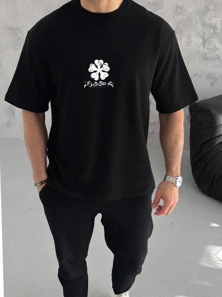 Unisex Bisiklet Yaka Baskılı Oversize T-shirt - Siyah ürün görseli 1