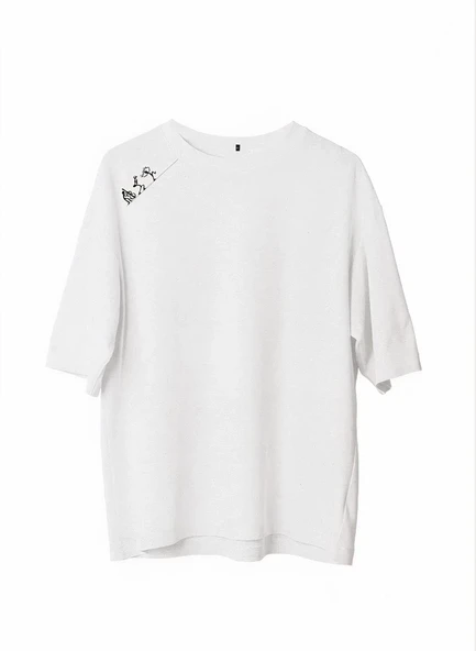 Unisex Bisiklet Yaka Baskılı Oversize T-shirt - Beyaz ürün görseli 1