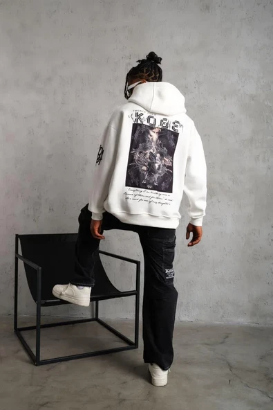 Erkek Baskılı Kapüşonlu Sweat - Beyaz - Resim 4