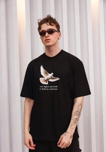 Unisex Bisiklet Yaka Baskılı Oversize T-shirt - Siyah ürün görseli 1