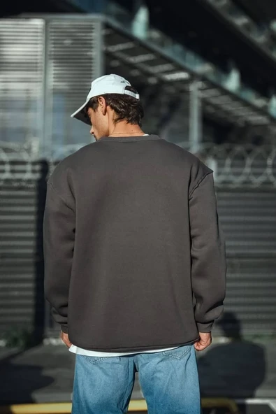 Kışlık Bisiklet Yaka Üç İplik Basic Sweatshirt - Antrasit - Resim 3