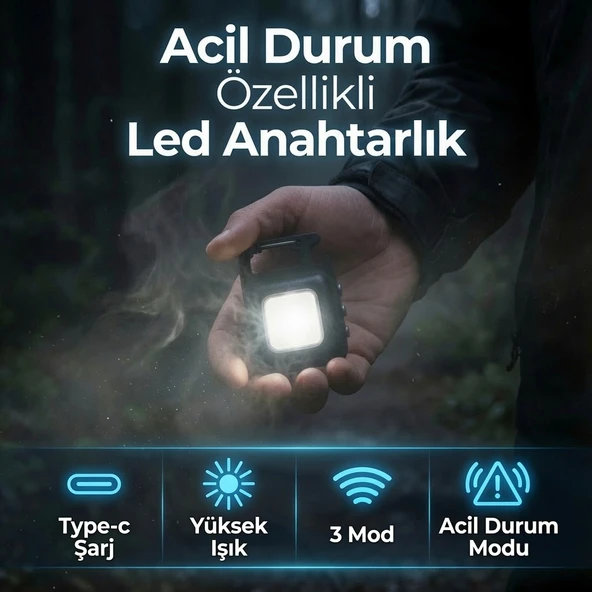 Acil Durum Özellikli Şarj Edilebilir LED Anahtarlık El Feneri – Type-C, 3 Mod, Yüksek Işık ürün görseli 1