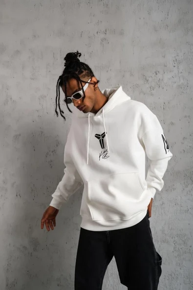 Erkek Baskılı Kapüşonlu Sweat - Beyaz - Resim 3