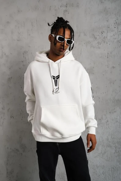 Erkek Baskılı Kapüşonlu Sweat - Beyaz - Resim 5