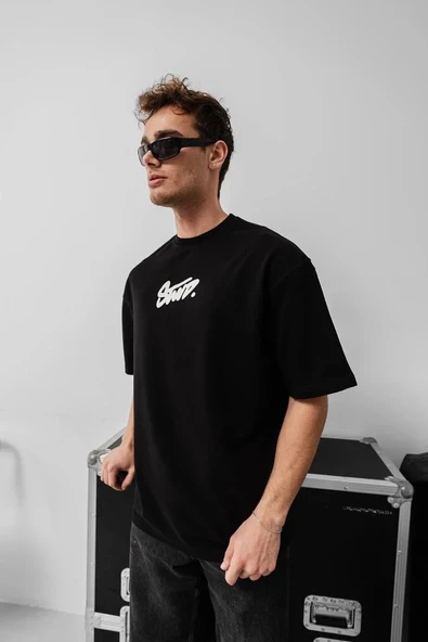 Erkek Baskılı Oversize T-shirt - Siyah - Resim 5