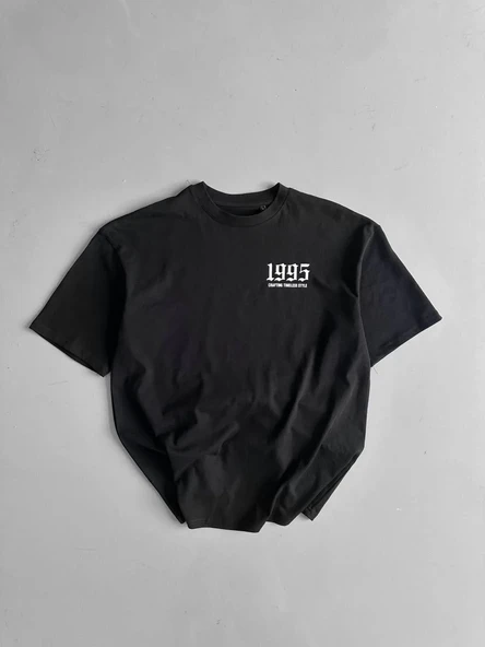 20/1 Penye Compack Baskılı Oversize Bisiklet Yaka Kısa Kol Yazlık T-shirt - Siyah ürün görseli 1