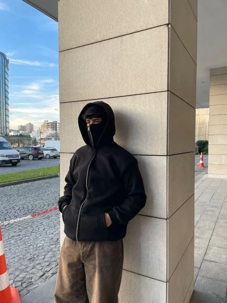 Samuray Ninja Çift Kapşonlu Zıp Fermuarlı Kanguru Çepli Tam Fermuarlı Hoodie Swetshirt - Siyah ürün görseli 1