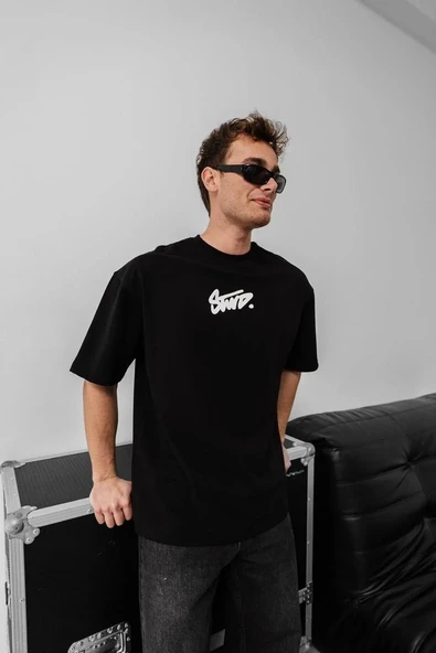 Erkek Baskılı Oversize T-shirt - Siyah - Resim 2