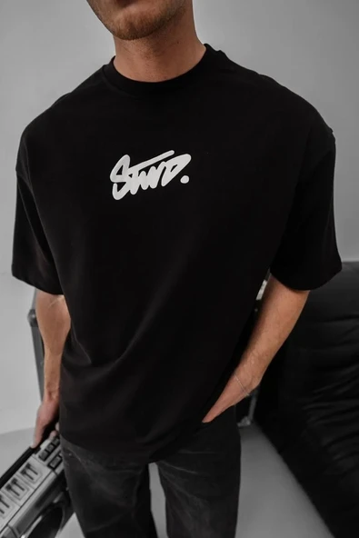 Erkek Baskılı Oversize T-shirt - Siyah - Resim 3