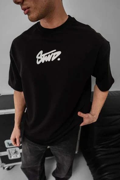 Erkek Baskılı Oversize T-shirt - Siyah - Resim 4