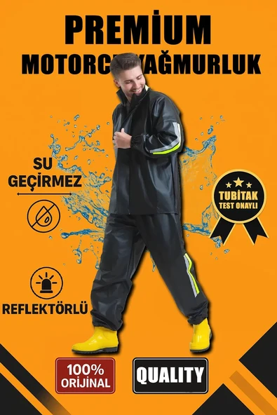 Premium Motorcu Kurye Yağmurluk Takım Su Geçirmez Pvc Kumaş Reflektörlü Tübitak Onaylı - Siyah ürün görseli 1