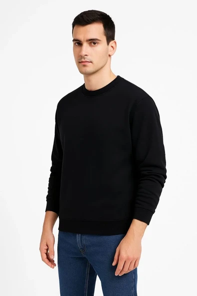 Erkek Üç İplik Düz Bisiklet Yaka Sweatshirt - Siyah ürün görseli 1