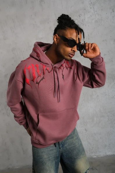 Erkek Ön Ve Arka Baskılı Kapüşonlu 3 İplik Sweatshirt - Gül Kurusu ürün görseli 1