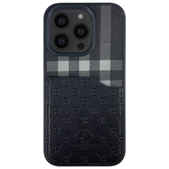 Santa Barbara Polo Racquet Club iPhone 14 Pro Max Kılıf Plaid Kumaş + Pu Deri Kartvizit/Cüzdanlı Kare Dizayn Kapak ürün görseli 1