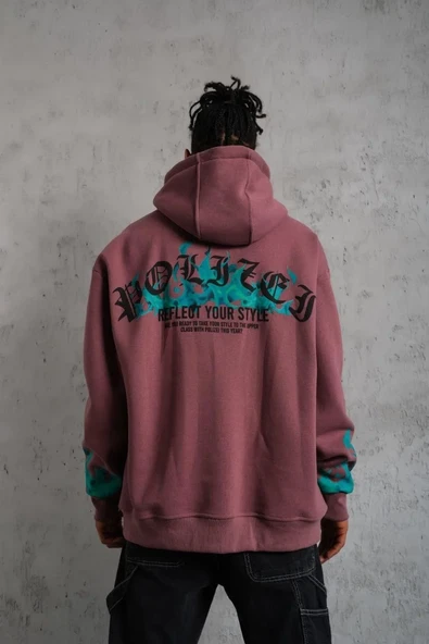Erkek Üç İplik İçi Pamuklu Alev Baskılı Kapüşonlu Sweatshirt - Gül Kurusu ürün görseli 1