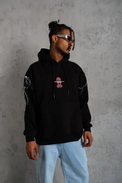 Erkek Maske Baskılı Kapüşonlu Sweat - Siyah - Resim 5
