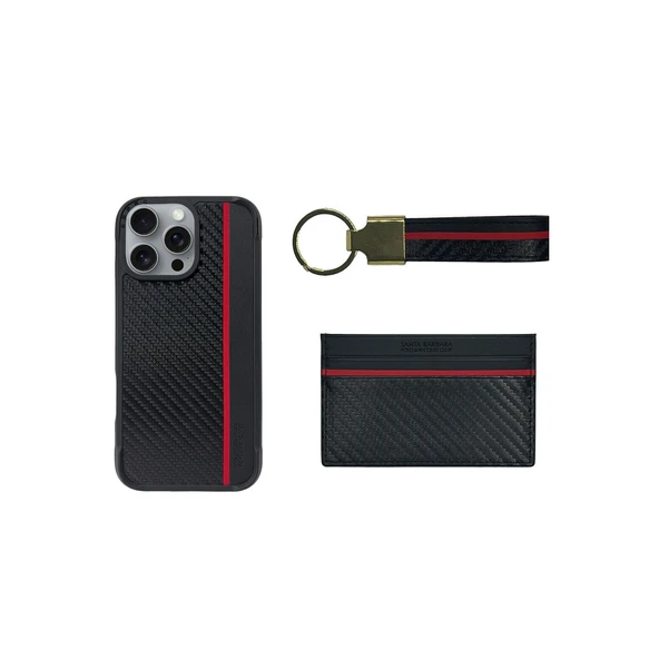 Santa Barbara Polo Racquet Club iPhone 16 Pro Max Kılıf+Anahtarlık+Kartvizit/Cüzdan PU Deri Karbon Dizayn Hazel Set ürün görseli 1