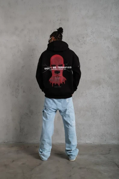 Erkek Maske Baskılı Kapüşonlu Sweat - Siyah - Resim 4