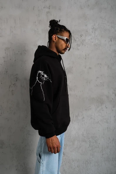 Erkek Maske Baskılı Kapüşonlu Sweat - Siyah - Resim 3