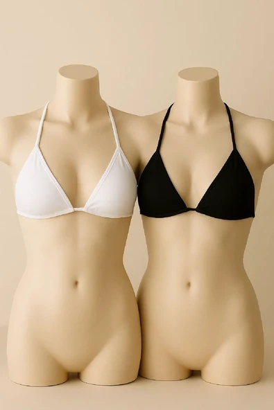 Kadın Siyah Ve Beyaz Minimal Kesim Üçgen Bikini Üstü – Modern Ve Şık Tasarım ürün görseli 1