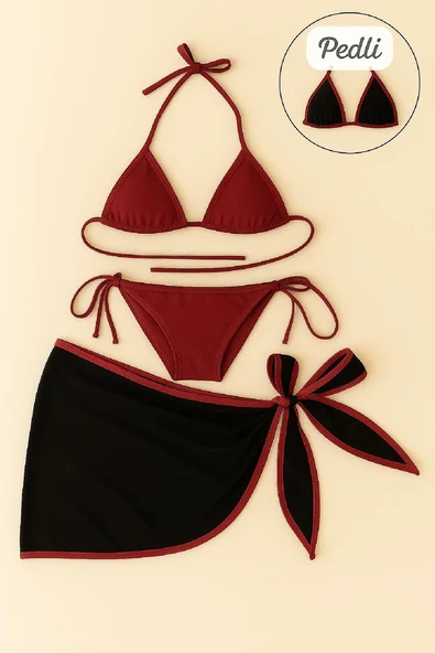 Kadın Bordo Siyah Pareolu Yandan Ve Boyundan Bağlamalı 3'lü Bikini Takımı – Modern, Konforlu Ve Günlük Kombinlere Uygun ürün görseli 1