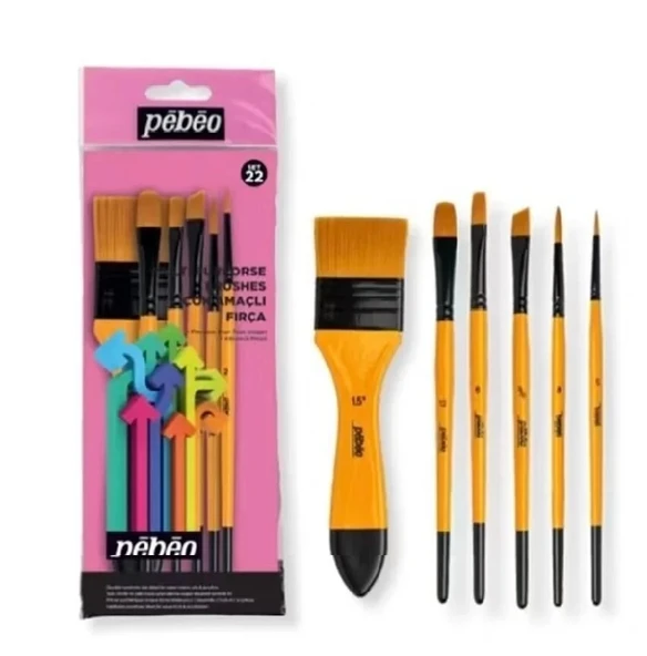 PEBEO 6lı FIRÇA SETİ 1AD ZEMİN FIRÇ+1AD NO:12 KEDİ DİLİ FIRÇ+1AD YANKESİK NO.3/8+1AD DÜZKESİK NO:6+2 ürün görseli 1