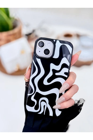 ARTEBA Global iPhone 14 Siyah Beyaz Desenli Premium Lansman Telefon Kılıfı ürün görseli 1