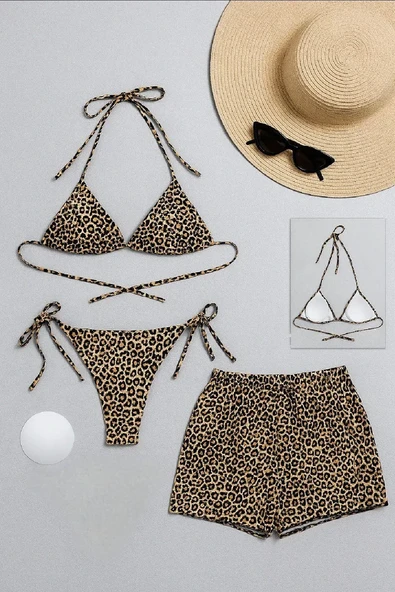 Kadın 3'lü Set Leopar Desenli Şortlu Ve Yandan Bağlamalı Bikini Mayo Takımı – Modern, Konforlu Ve Günlük Kombinlere Uygun ürün görseli 1