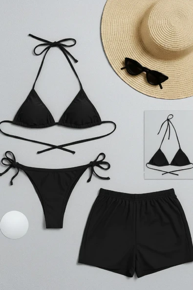 Kadın 3'lü Set Siyah Şortlu Ve Yandan Bağlamalı Bikini Mayo Takımı ürün görseli 1