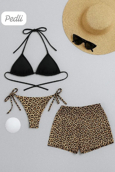 Kadın 3'lü Set Siyah Ve Leopar Desenli Şortlu Yandan Bağlamalı Bikini Mayo Takımı ürün görseli 1