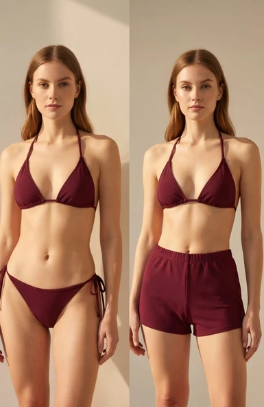 Kadın 3'lü Set Bordo Şortlu Ve Yandan Bağlamalı Bikini Mayo Takımı ürün görseli 1