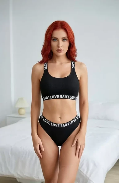 Kadın Siyah Çapraz Sırt Ve Love Lastik Detaylı Sütyen Külot Takım ürün görseli 1