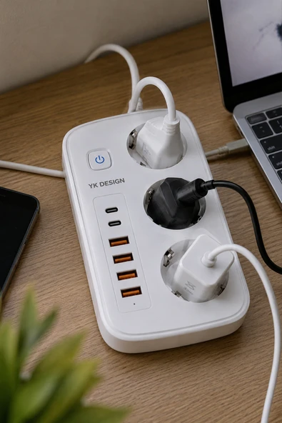 3'lü Priz 2 metre Kablolu - 4 USB - 2 Type-C Grup Priz Çoklayıcı Çocuk Koruma Priz 2m Kablo 2500W ürün görseli 1